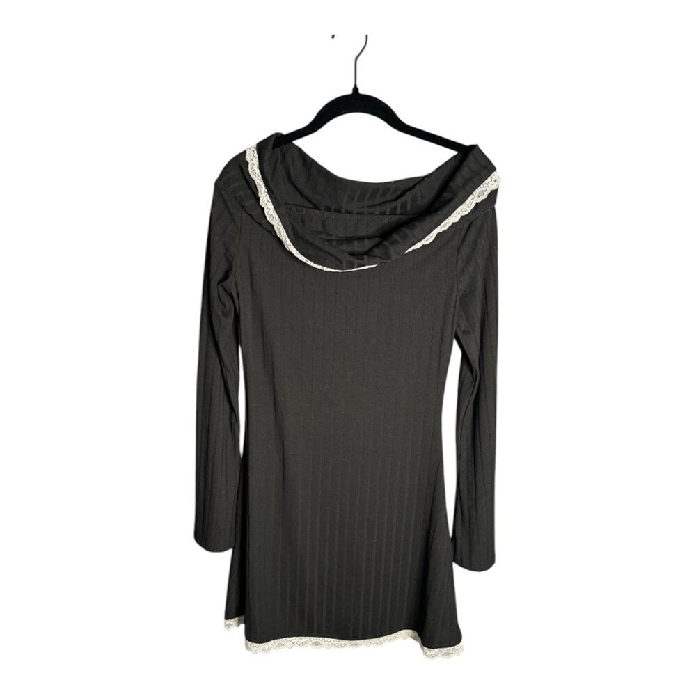 Cider Black Ribbed Long Sleeve Mini Dress With White Lace Trim Small